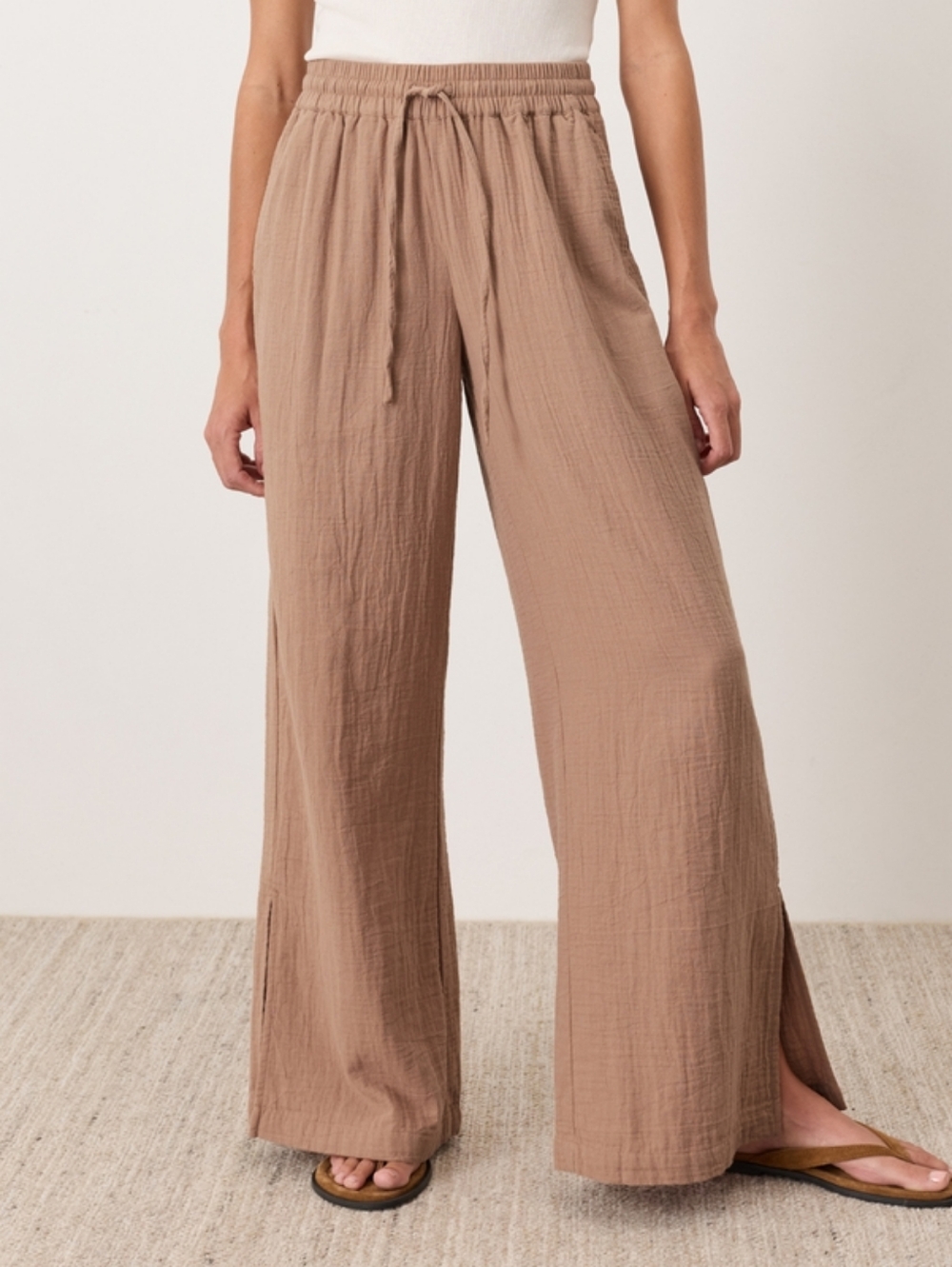 NEW Pact Organic Cotton Coastal Double Gauze Split Hem Pants - Driftwood Brown